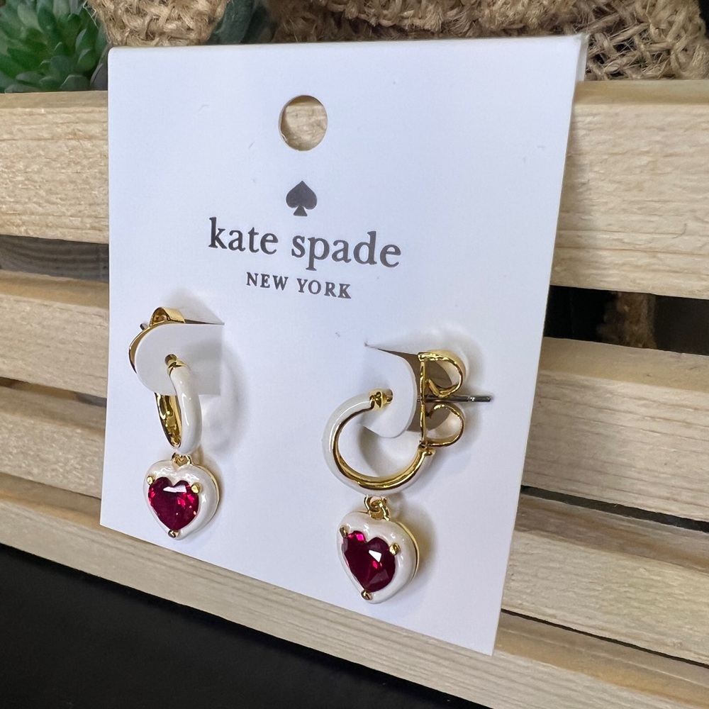 Kate Spade White/Red Heart Huggie Hoop Earrings - Picture 3 of 4
